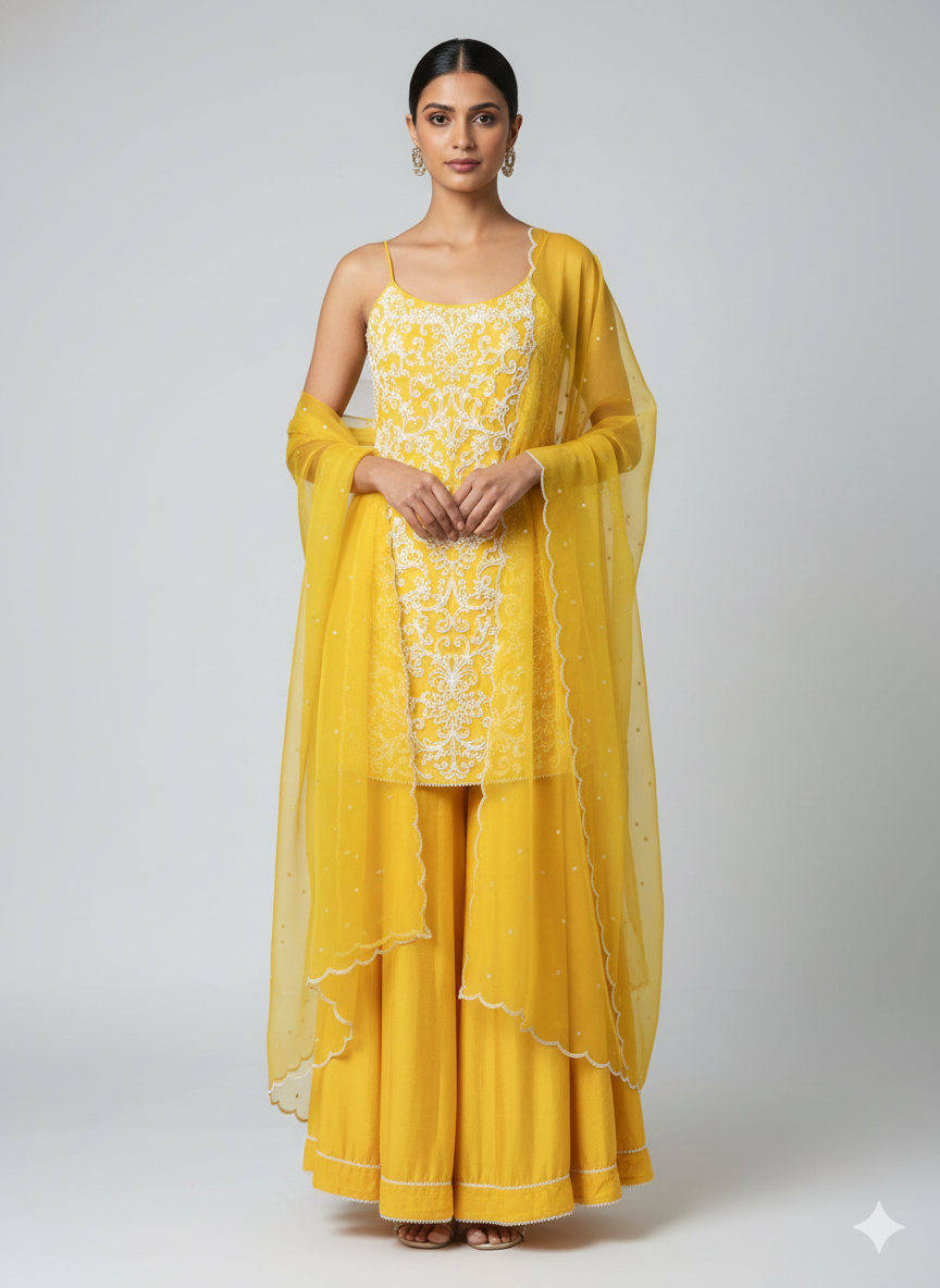 Yellow Strappy Pearlwork Sharara Set
