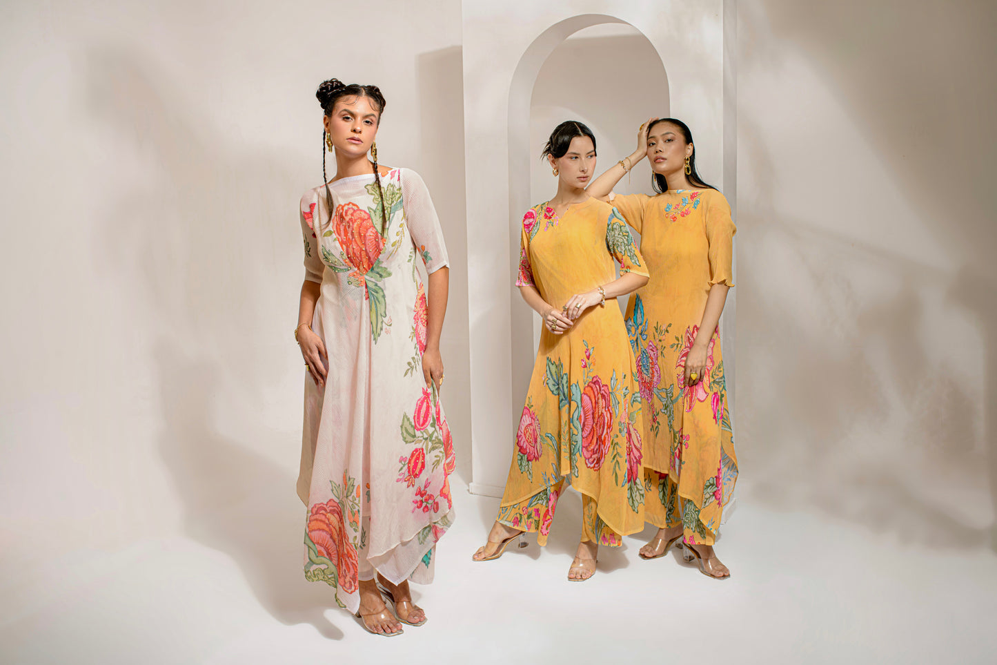 Ivory Georgette, Polyester Pearls, Embroidery Boat Neck Kurta With Pant