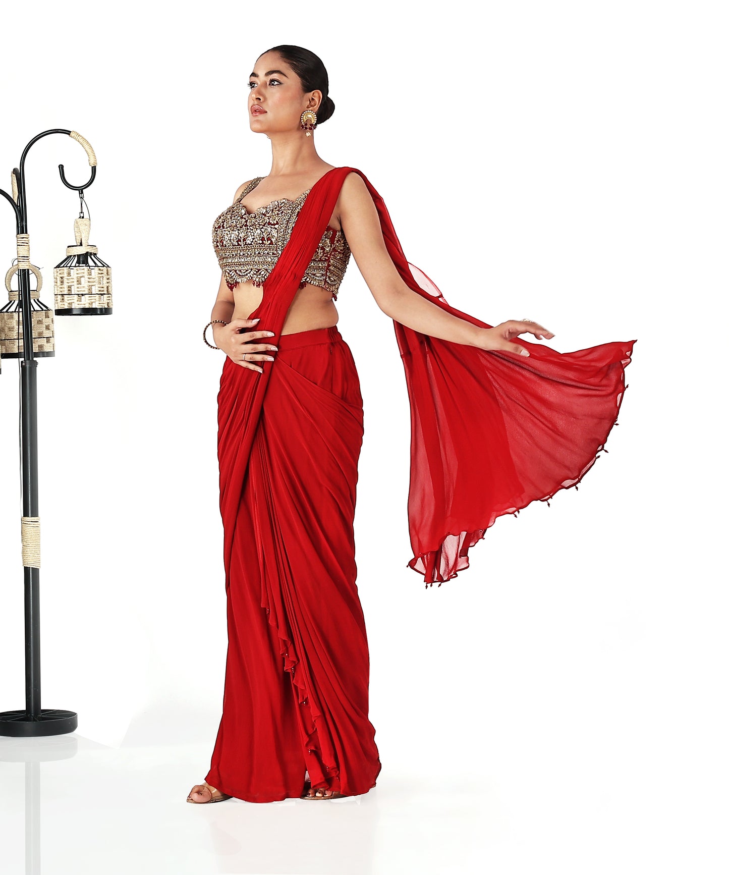 Red Georgette Draped Saree with Zardozi Blouse