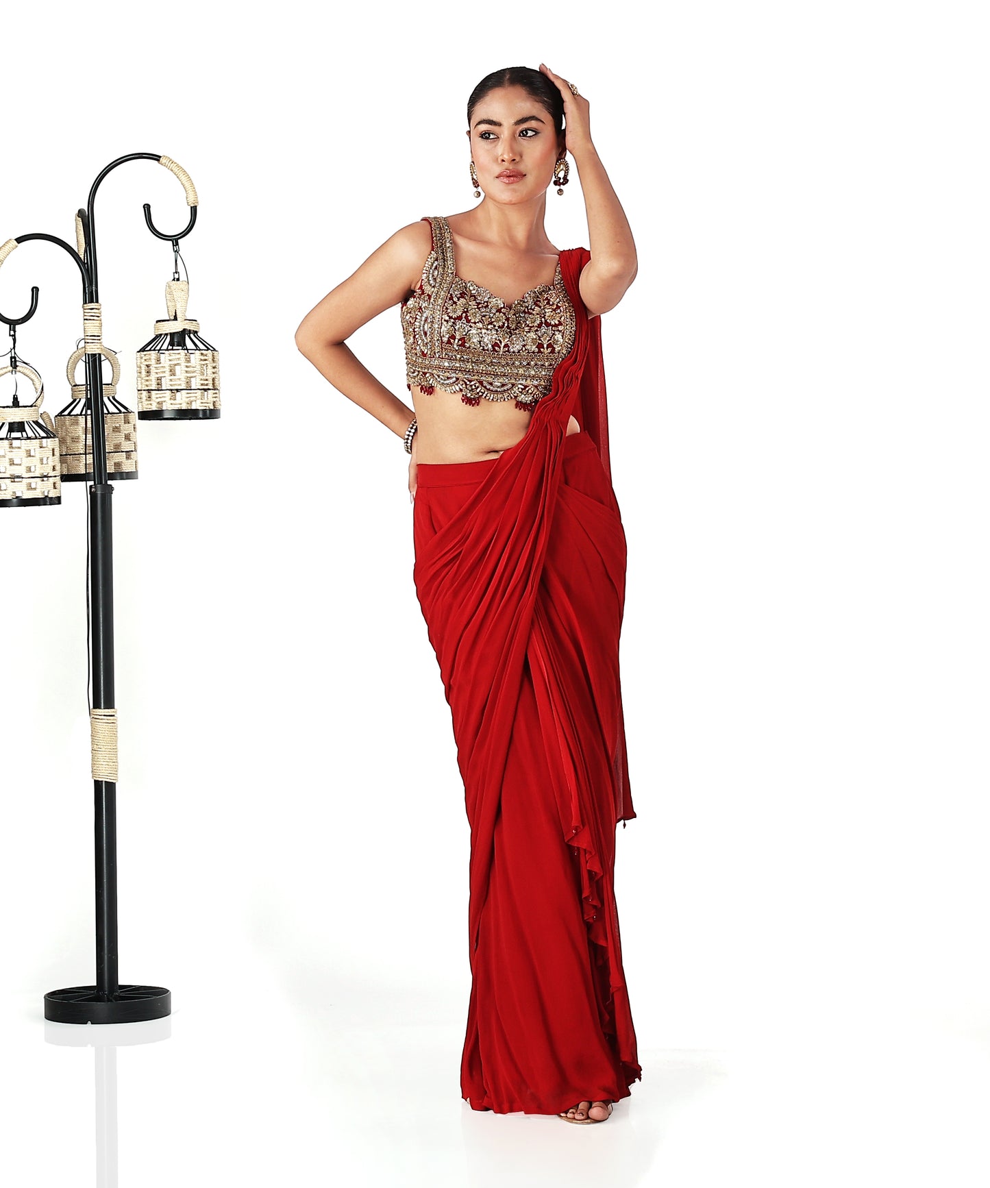 Red Georgette Draped Saree with Zardozi Blouse