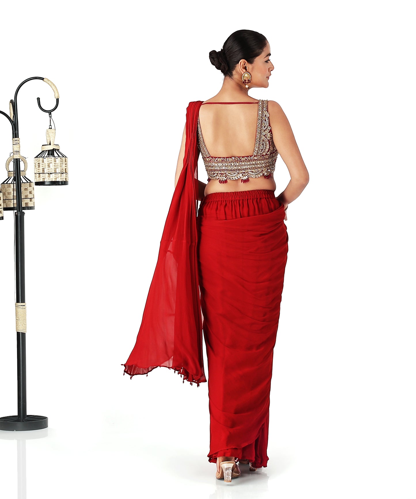 Red Georgette Draped Saree with Zardozi Blouse