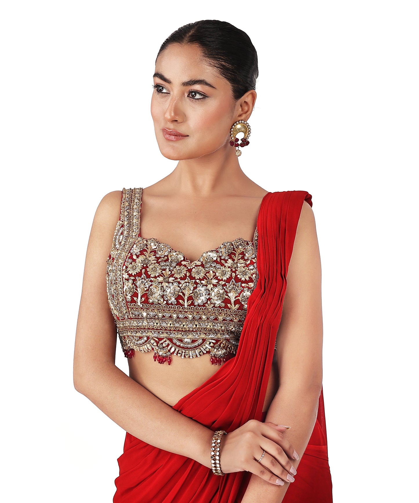 Red Georgette Draped Saree with Zardozi Blouse