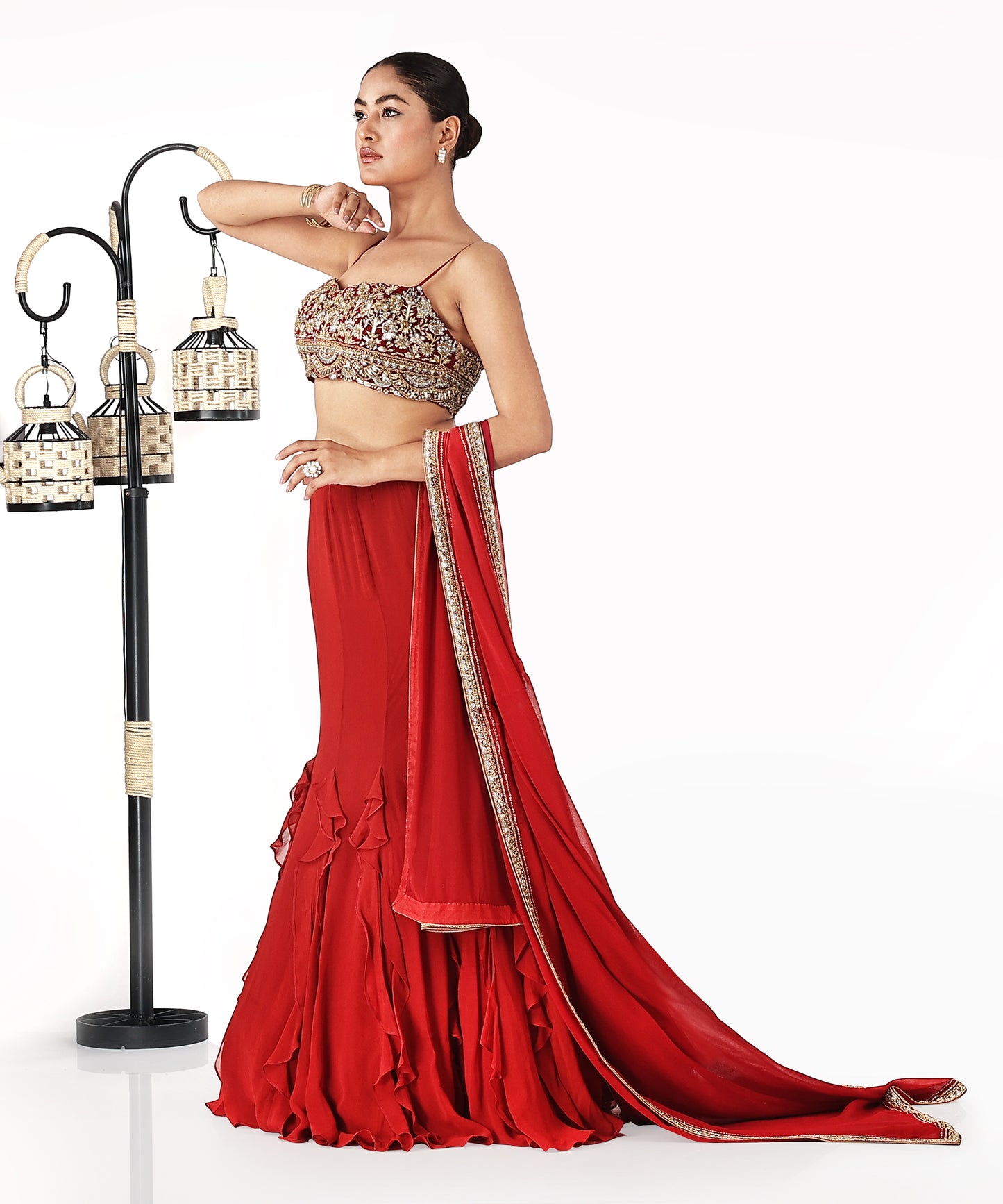 Red Frill Mermaid Lehenga Saree with Zardozi Blouse