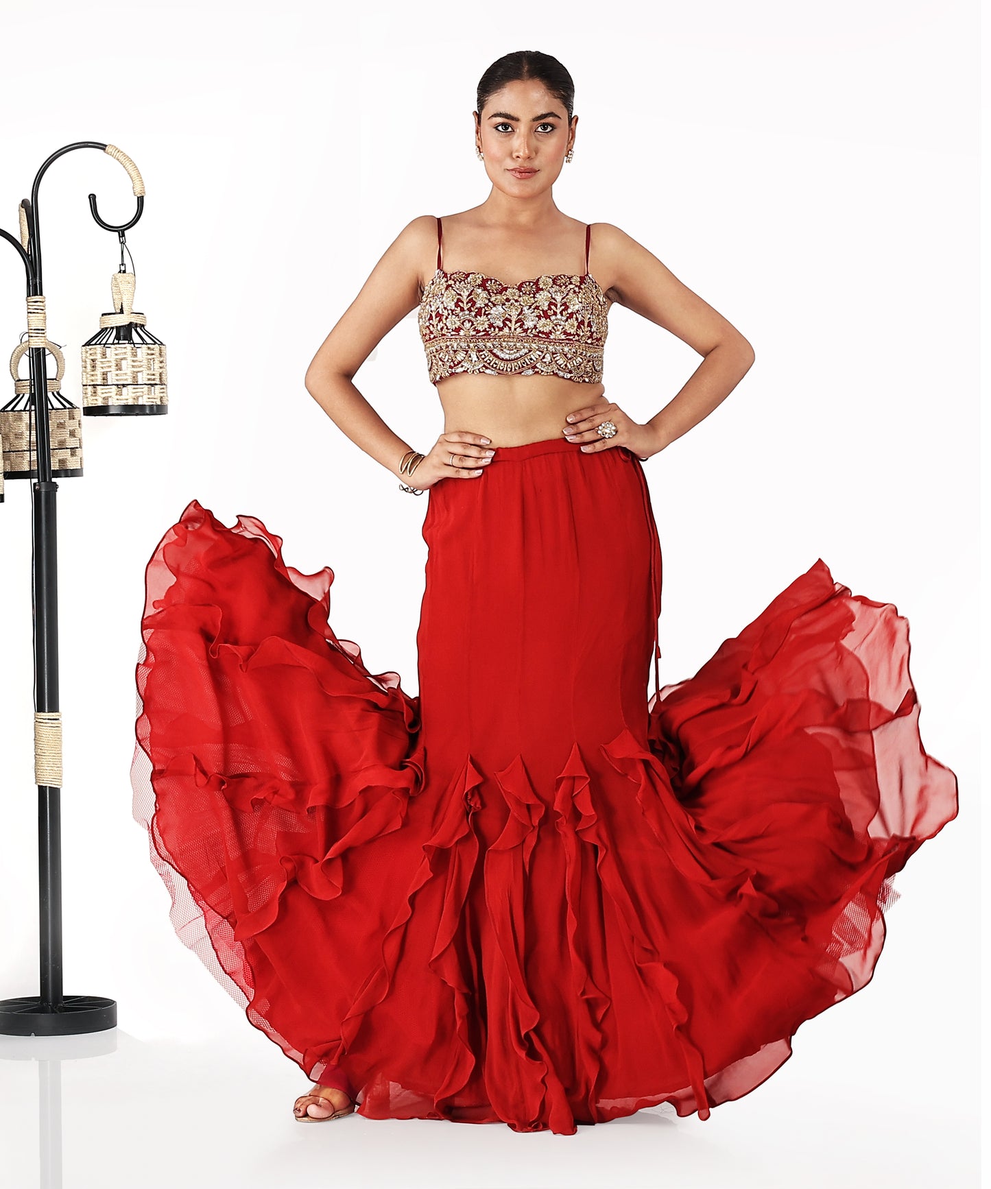 Red Frill Mermaid Lehenga Saree with Zardozi Blouse