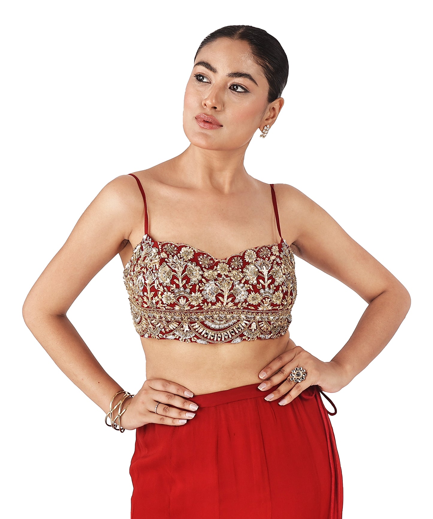 Red Frill Mermaid Lehenga Saree with Zardozi Blouse