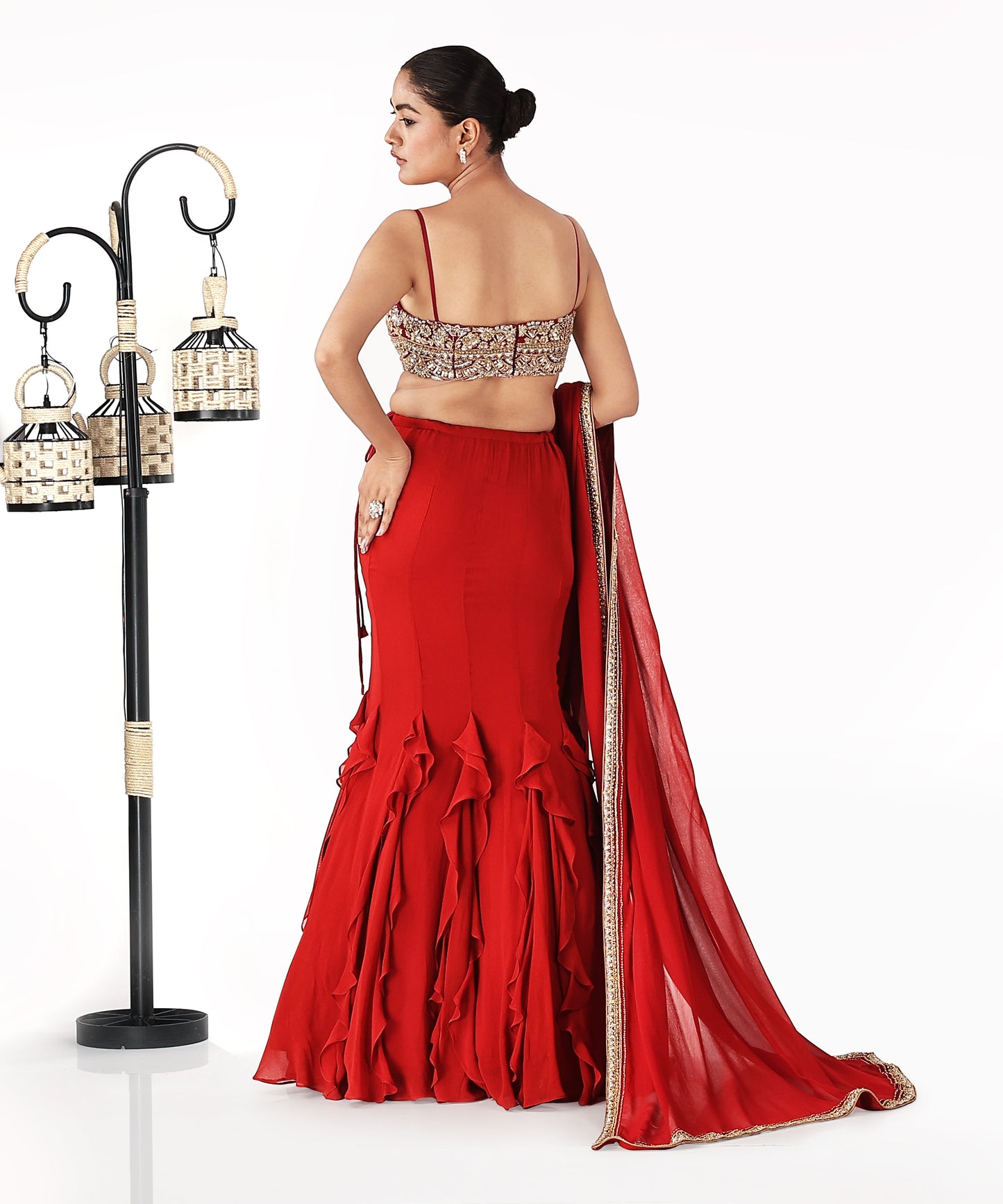 Red Frill Mermaid Lehenga Saree with Zardozi Blouse