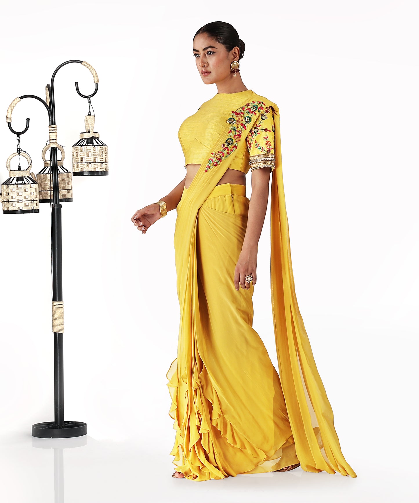 Yellow Draped Saree with Multi Colour Threadwor
