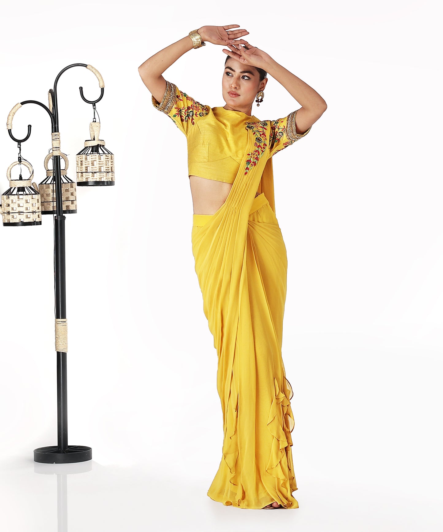 Yellow Draped Saree with Multi Colour Threadwor