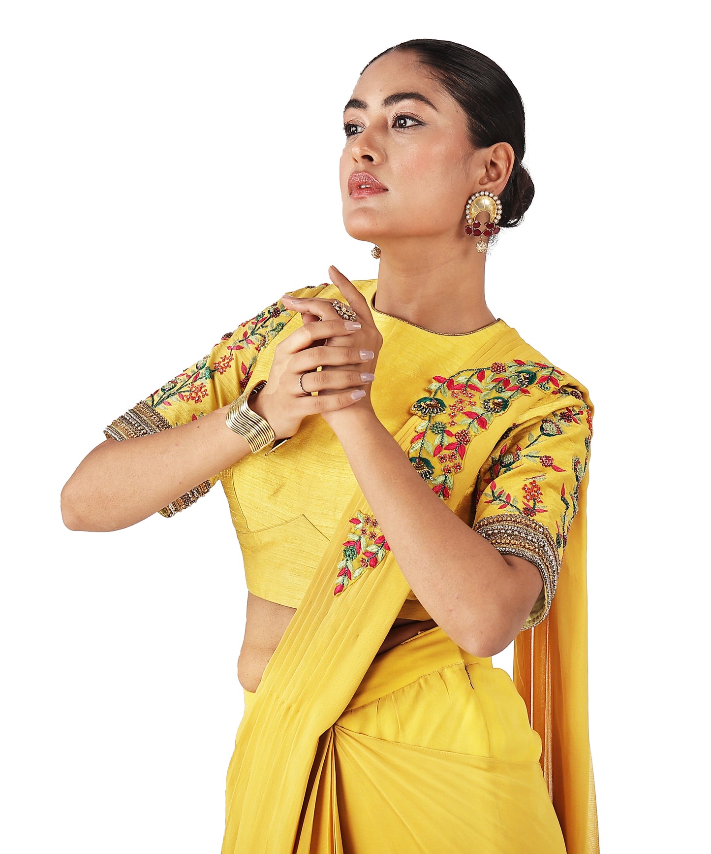 Yellow Draped Saree with Multi Colour Threadwor