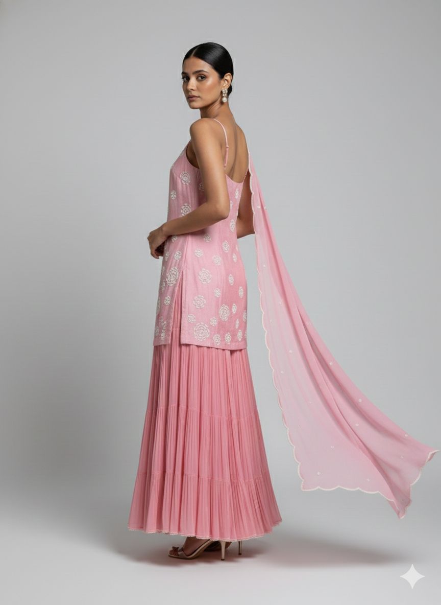 Pink Strappy Pearlwork Sharara Set