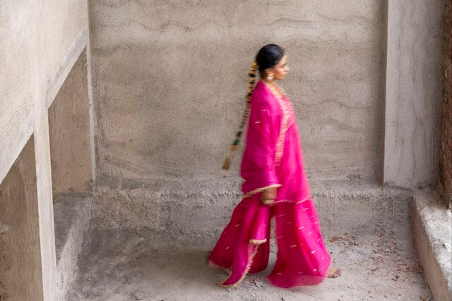 Fuschia Pink Mul Chanderi Peplum Sharara with Dabka Pittan work