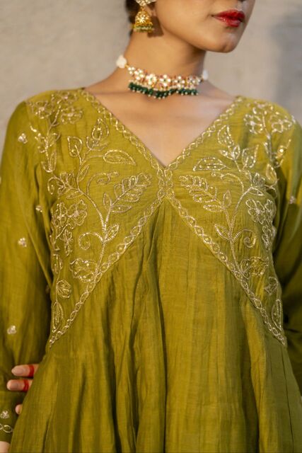 Mehendi Green Mul Chanderi Peplum Sharara with Dabka Pittan work
