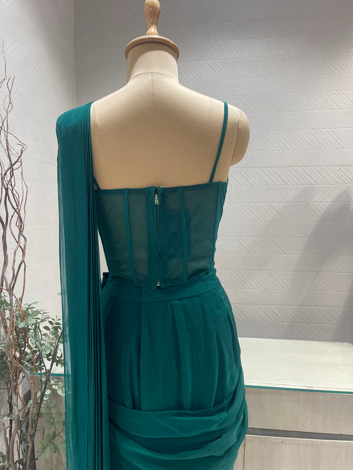 Emerald Green Draped Saree Back View