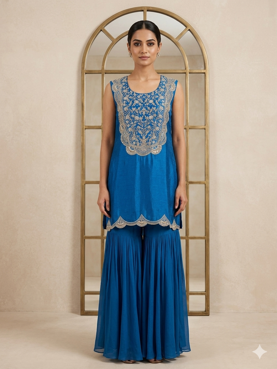 Blue Embellished Cape Garara set