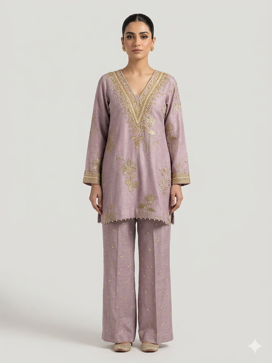 Lilac Linen embroidered Pallazo Set