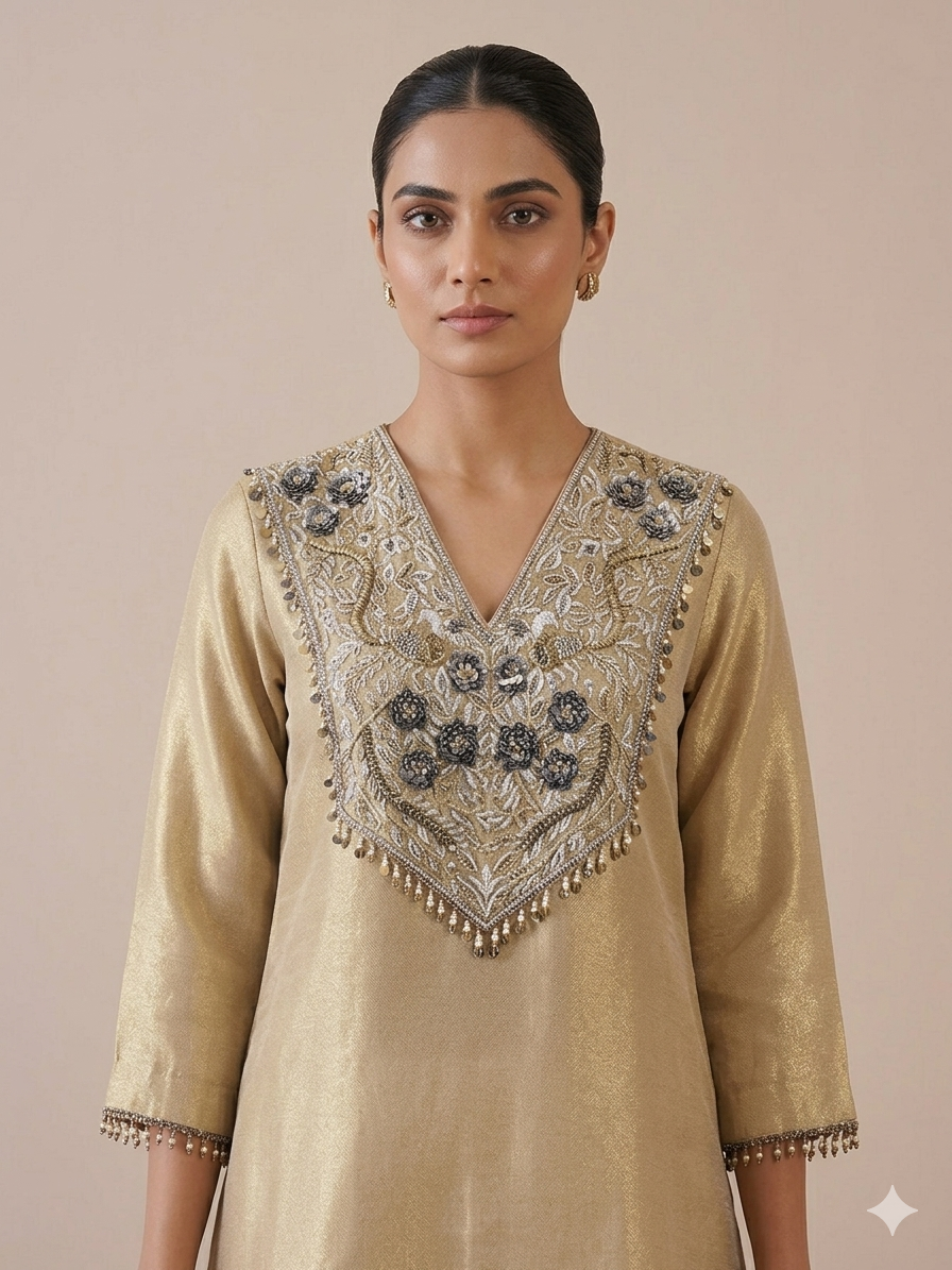 Gold Tissue Asymmtrical Kurta Set