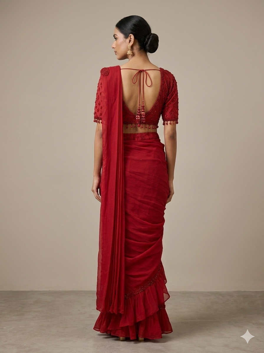 Red Cutdana Cocktail Saree