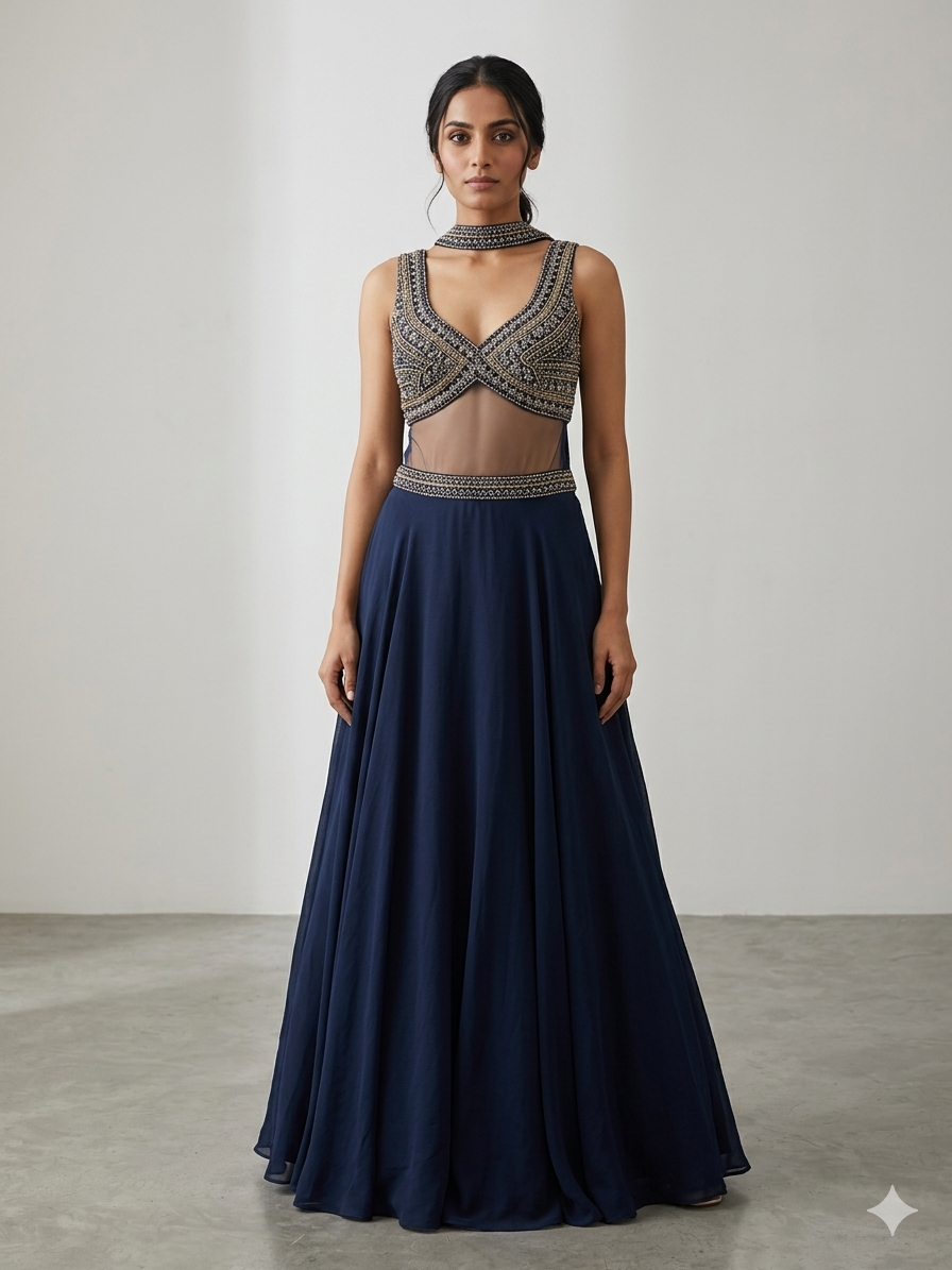 Midnight Blue Embellished Clouse and Pallazo Set