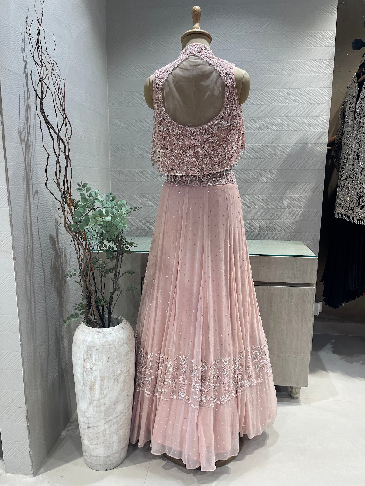 Pink pearl Crop Jacket Lehenga Set