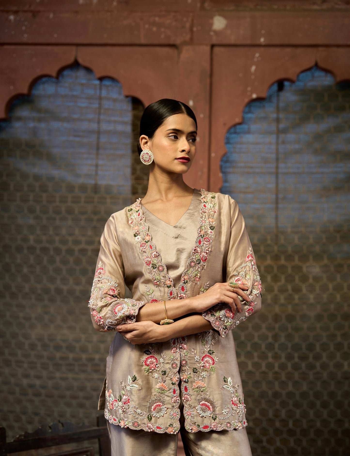 Light Coffee Silk Chanderi & Satin Lycra Hand Embroidered Co-Ord Set