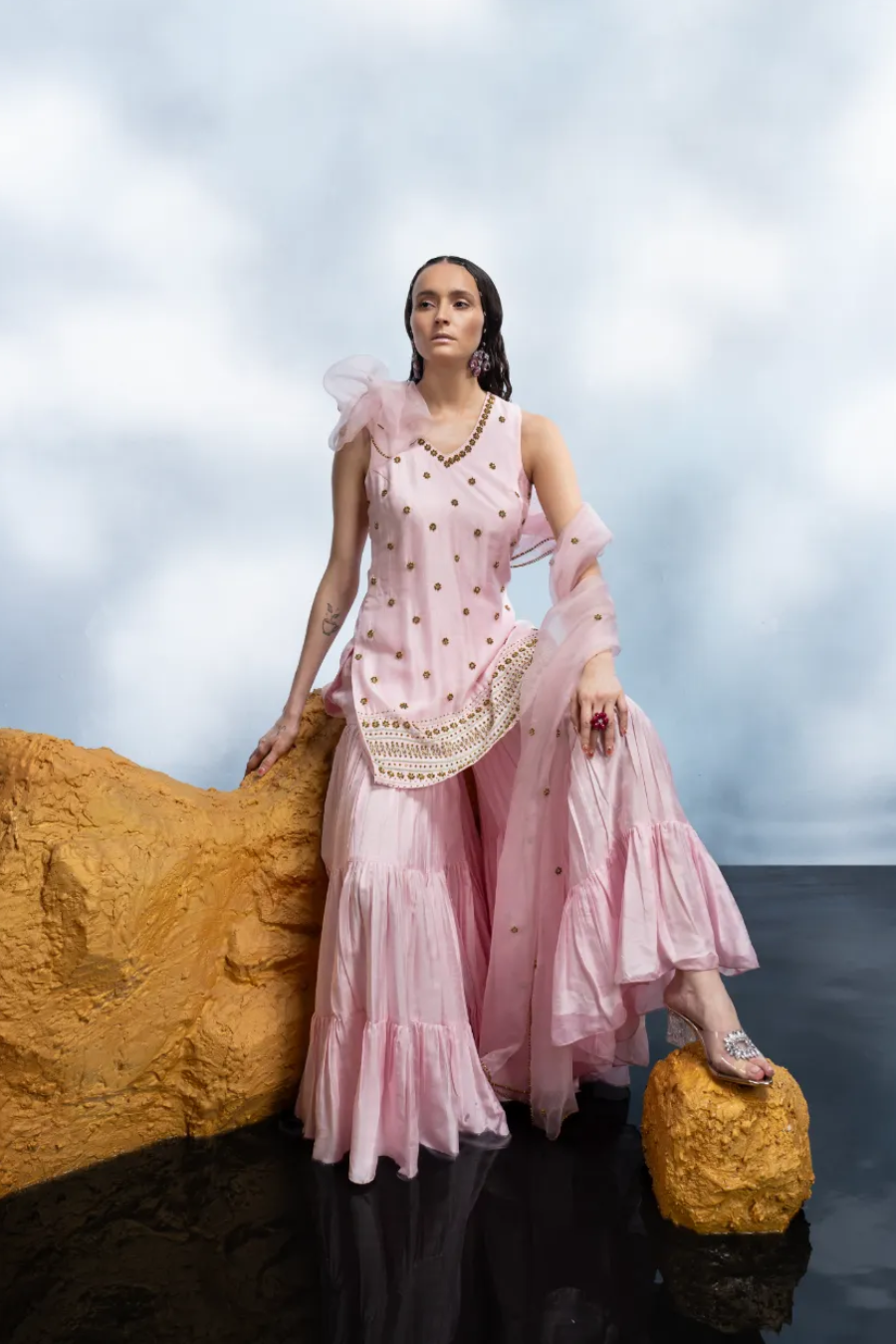 PASTEL PINK TIERED SHARARA SET WITH DUPATTA