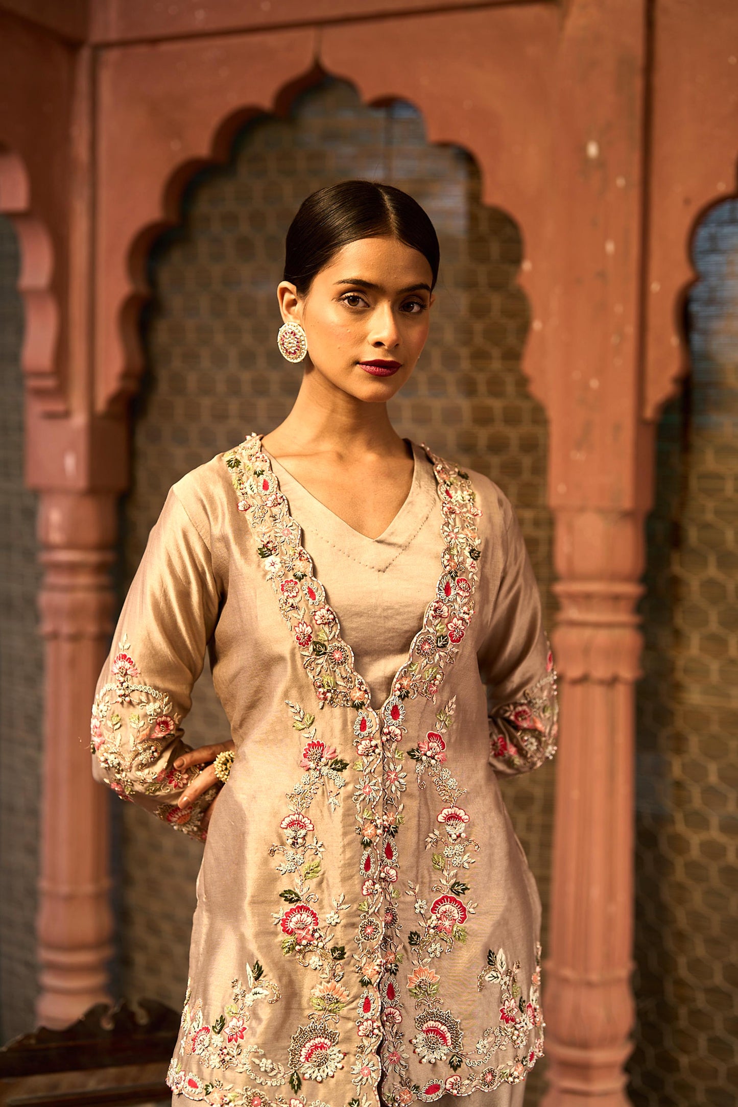 Light Coffee Silk Chanderi & Satin Lycra Hand Embroidered Co-Ord Set