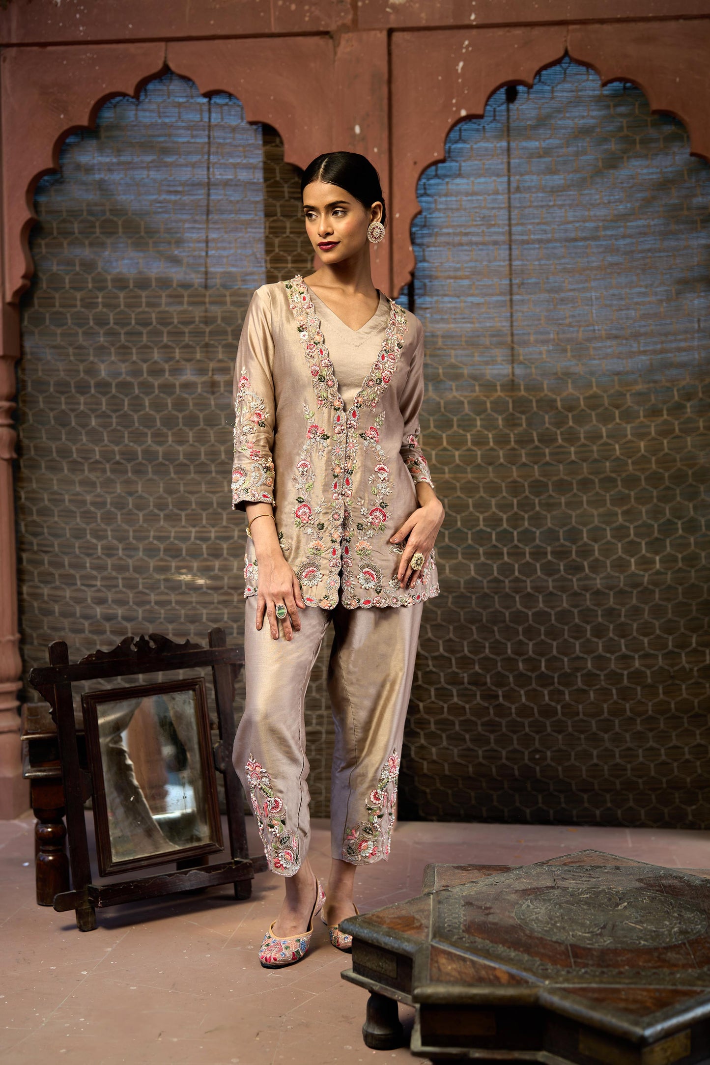 Light Coffee Silk Chanderi & Satin Lycra Hand Embroidered Co-Ord Set