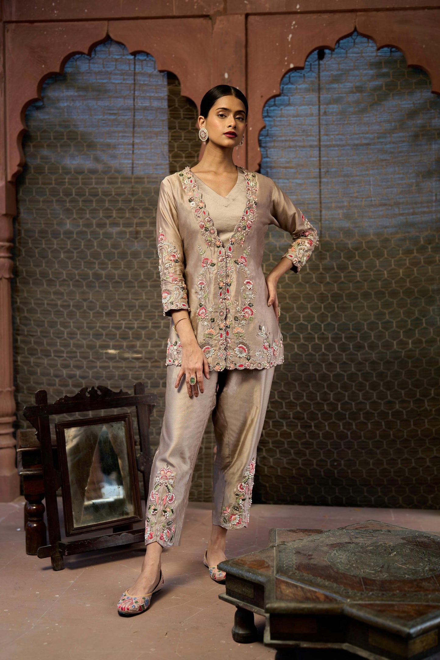 Light Coffee Silk Chanderi & Satin Lycra Hand Embroidered Co-Ord Set