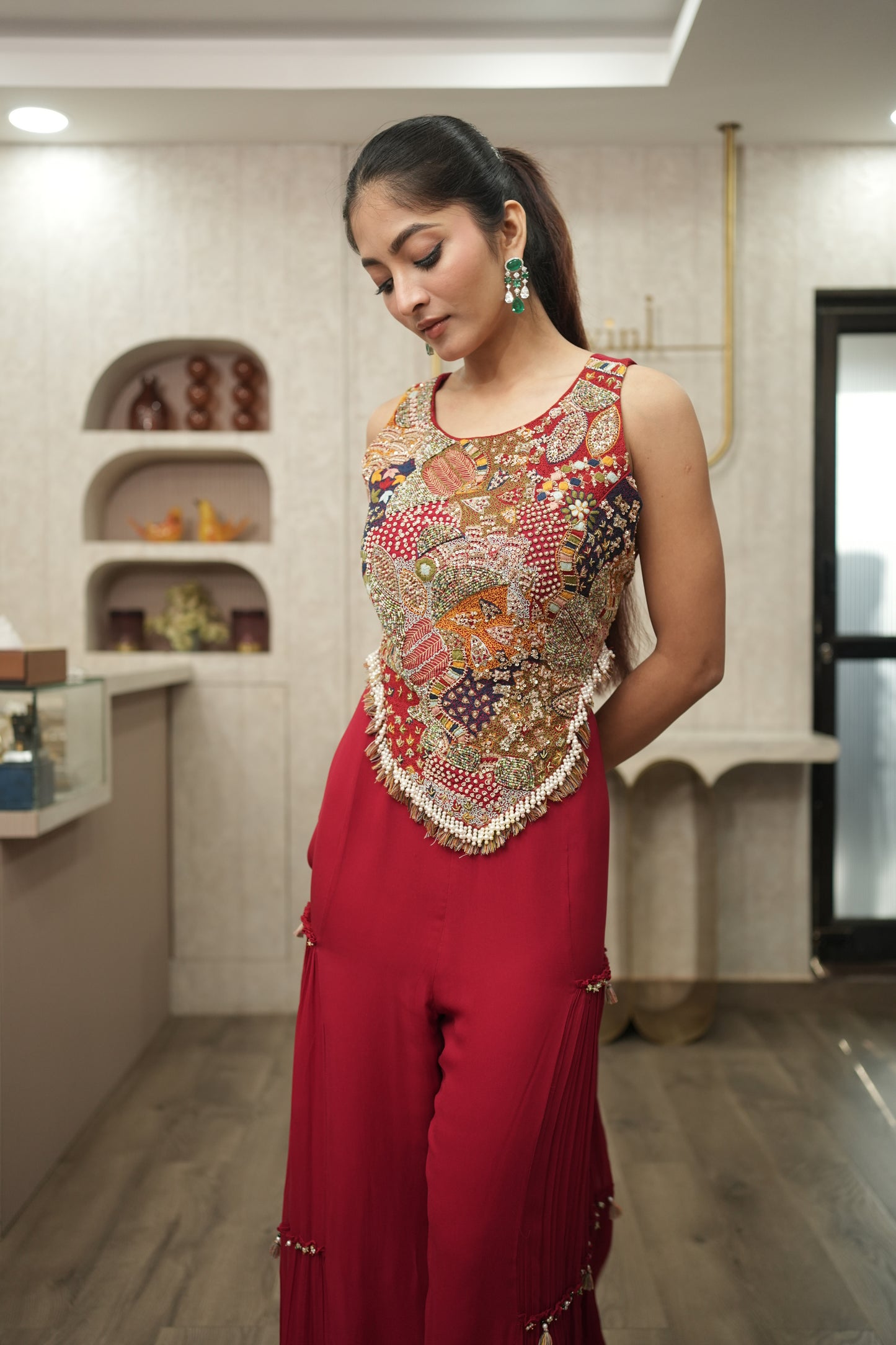 Red Multicolour Bohemian Corset with Red flared pants
