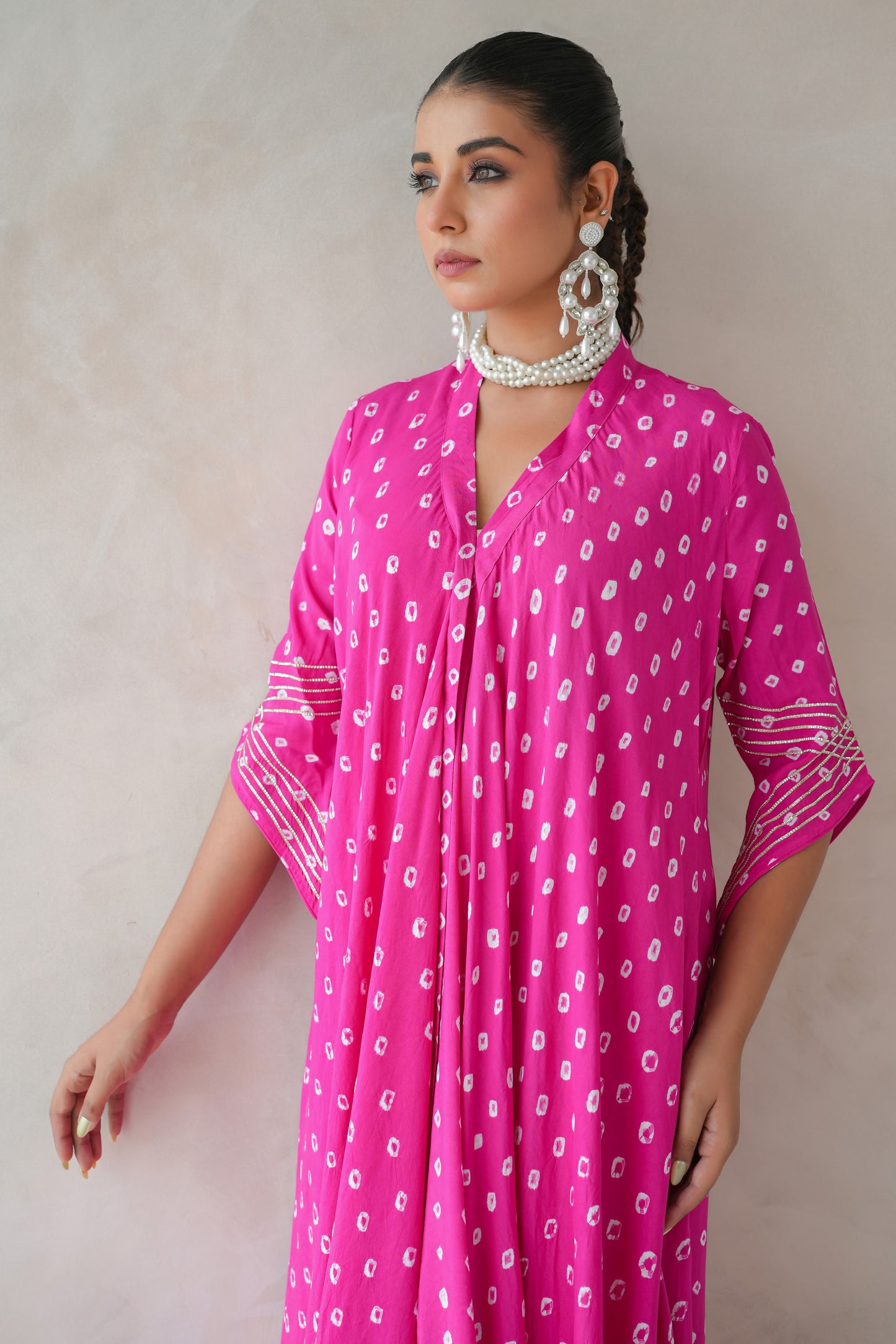 Bandhani Asymmetrical Kurta Set (Hot Pink)