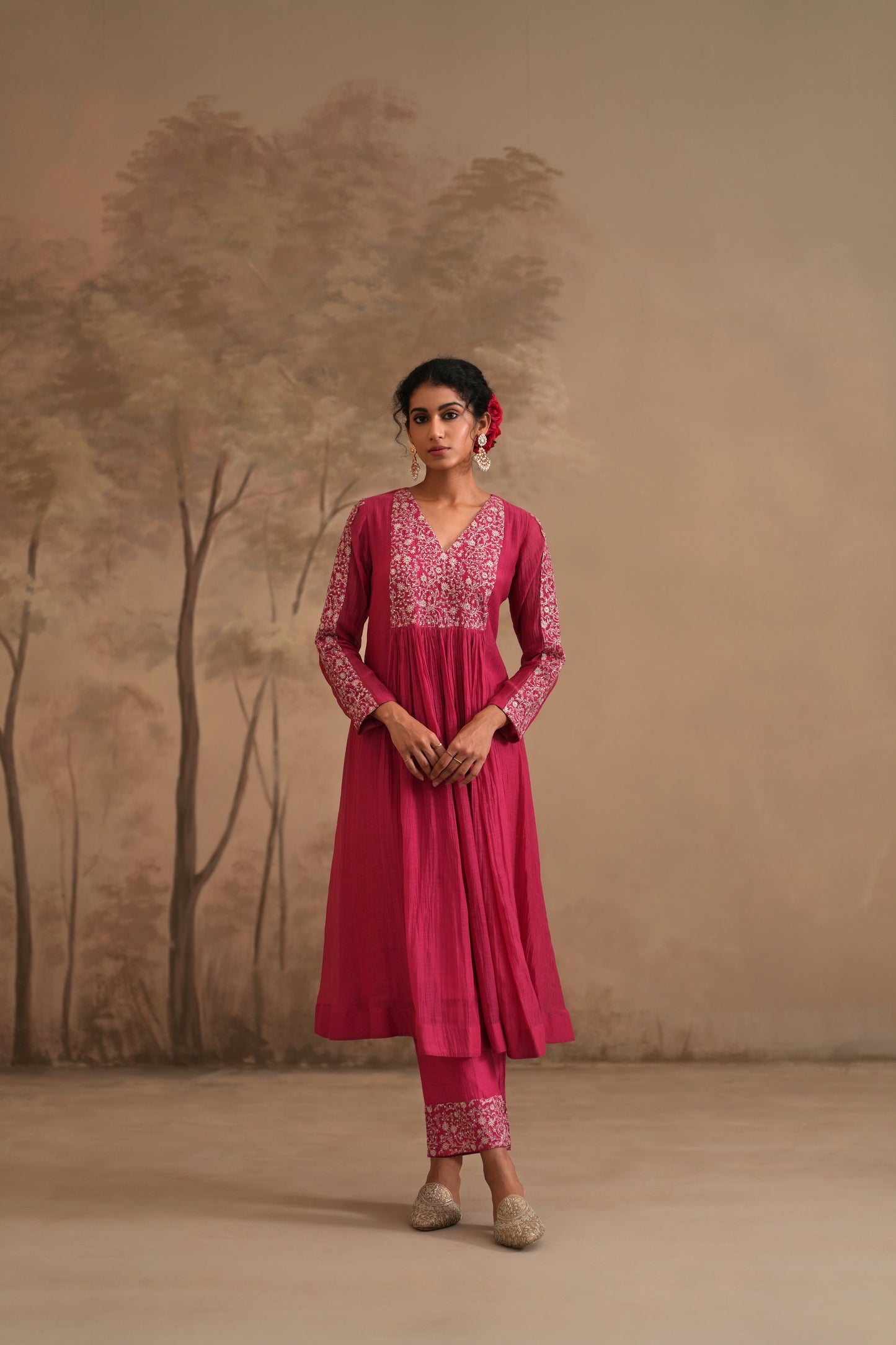 Fuschia Chanderi Suit with embroidered yoke