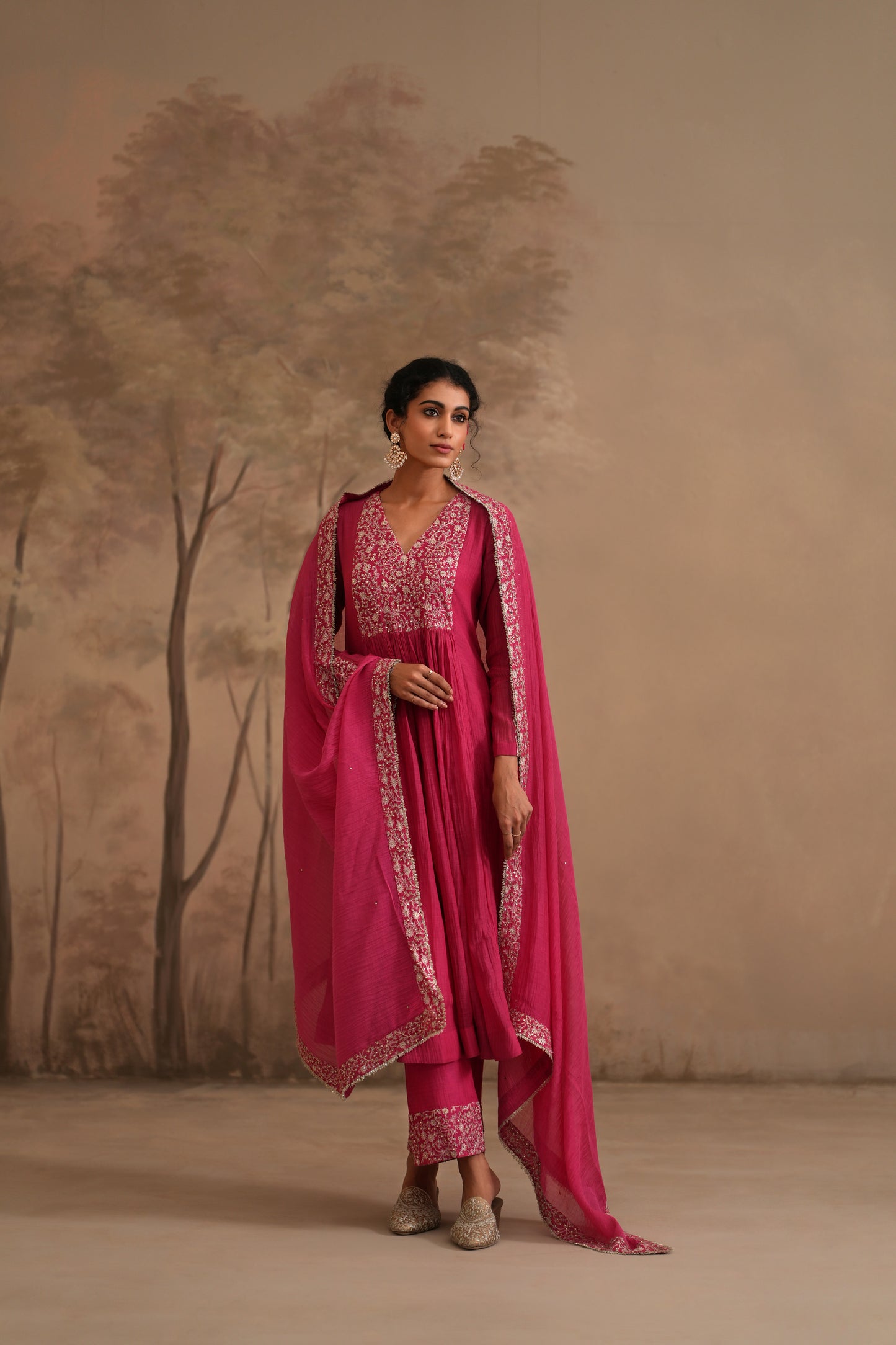 Fuschia Chanderi Suit with embroidered yoke