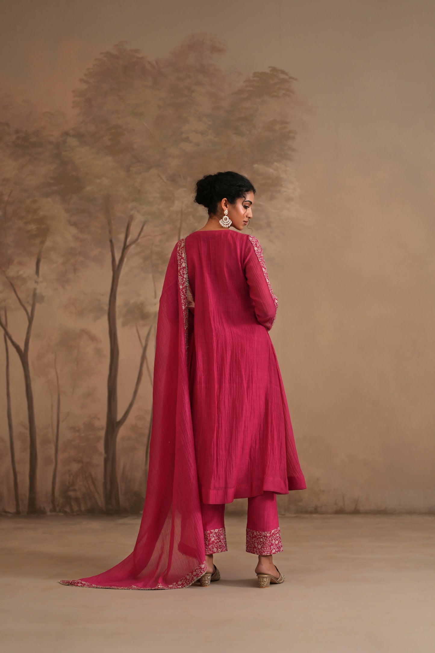 Fuschia Chanderi Suit with embroidered yoke