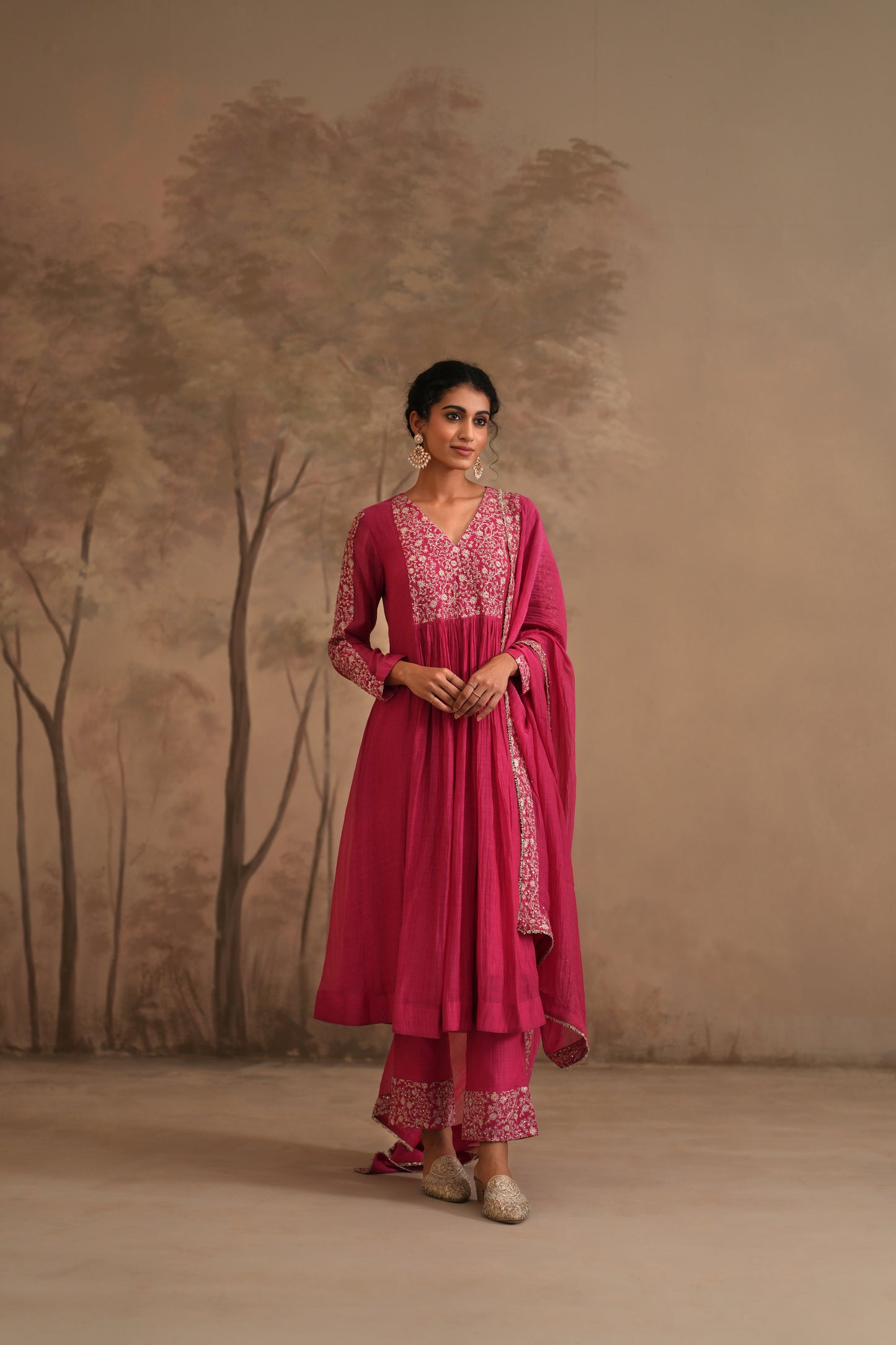 Fuschia Chanderi Suit with embroidered yoke