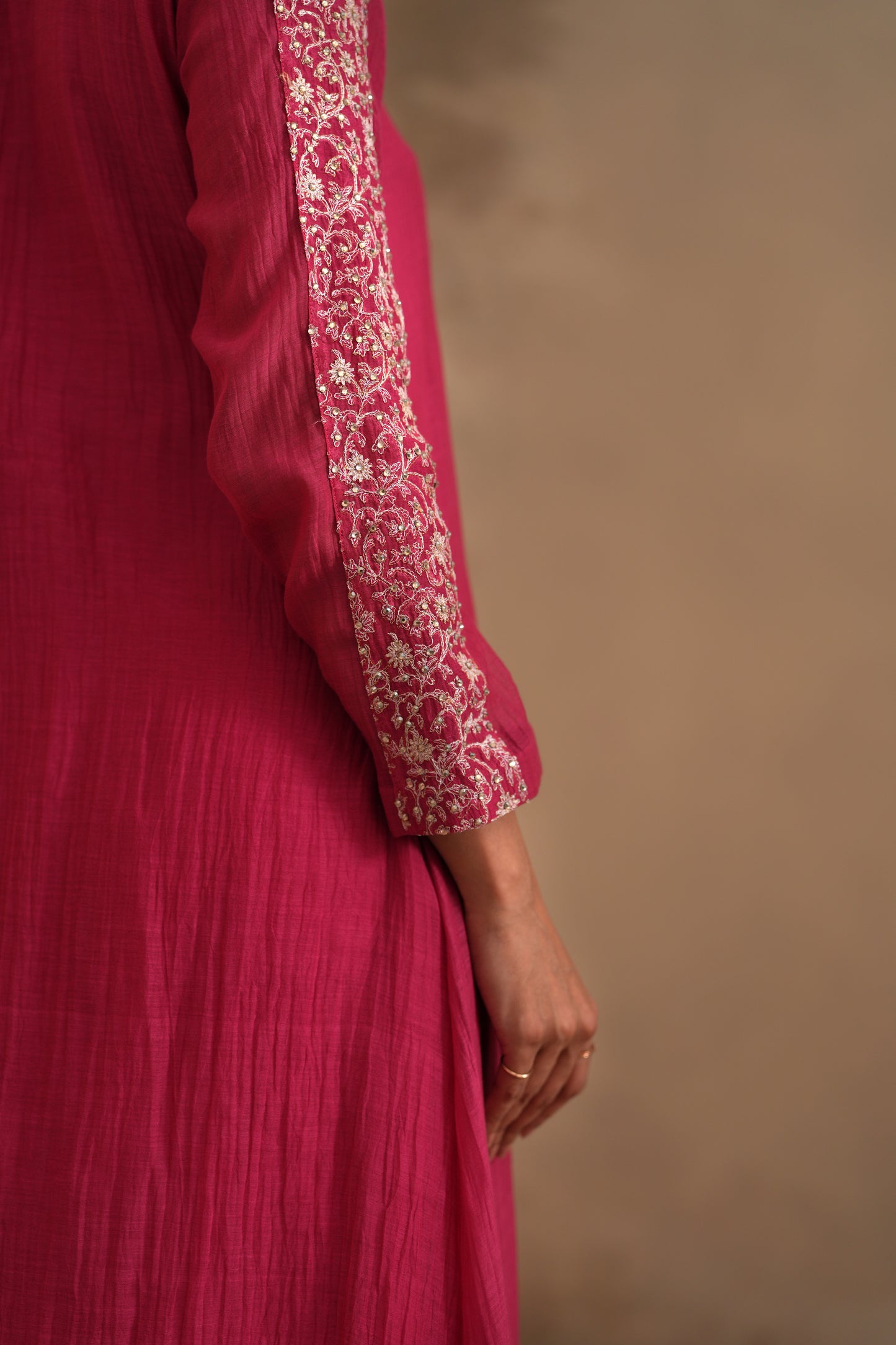 Fuschia Chanderi Suit with embroidered yoke