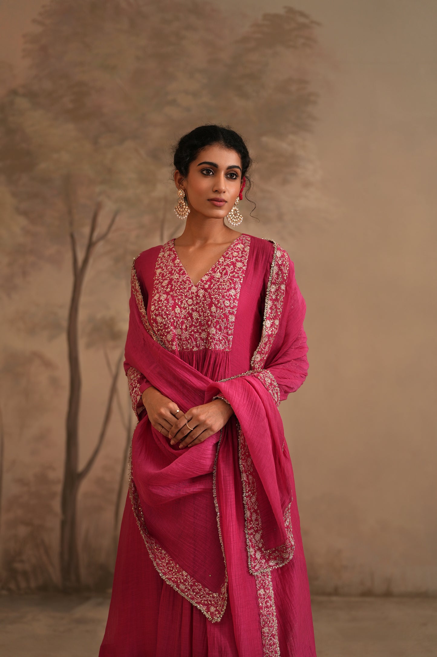 Fuschia Chanderi Suit with embroidered yoke