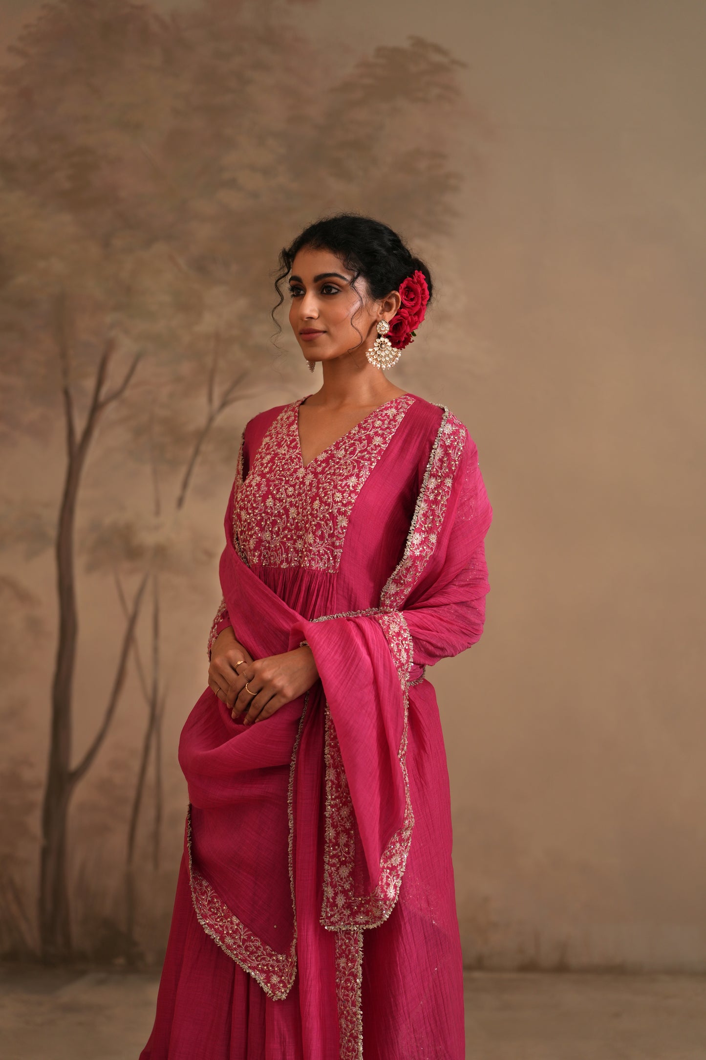 Fuschia Chanderi Suit with embroidered yoke