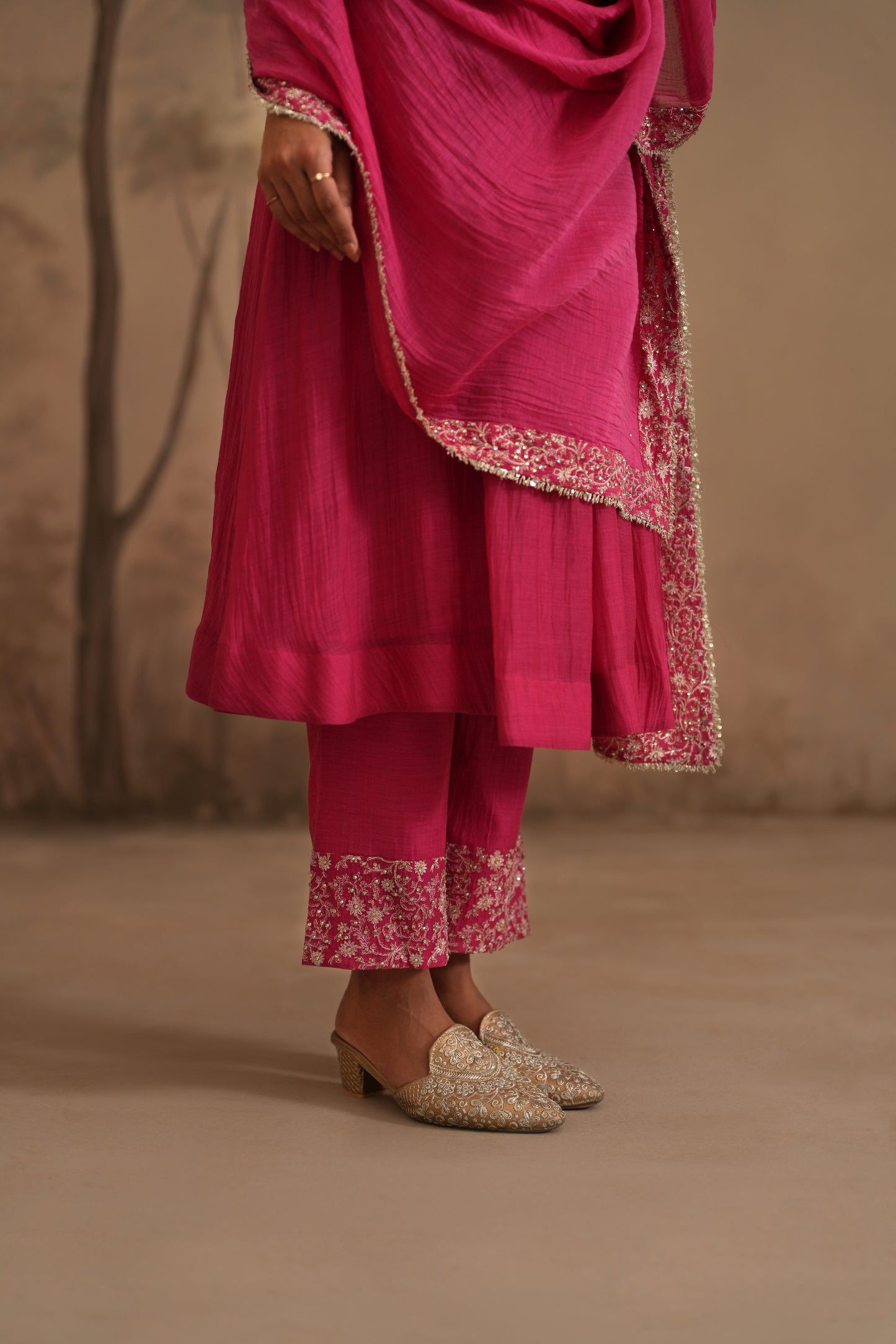 Fuschia Chanderi Suit with embroidered yoke