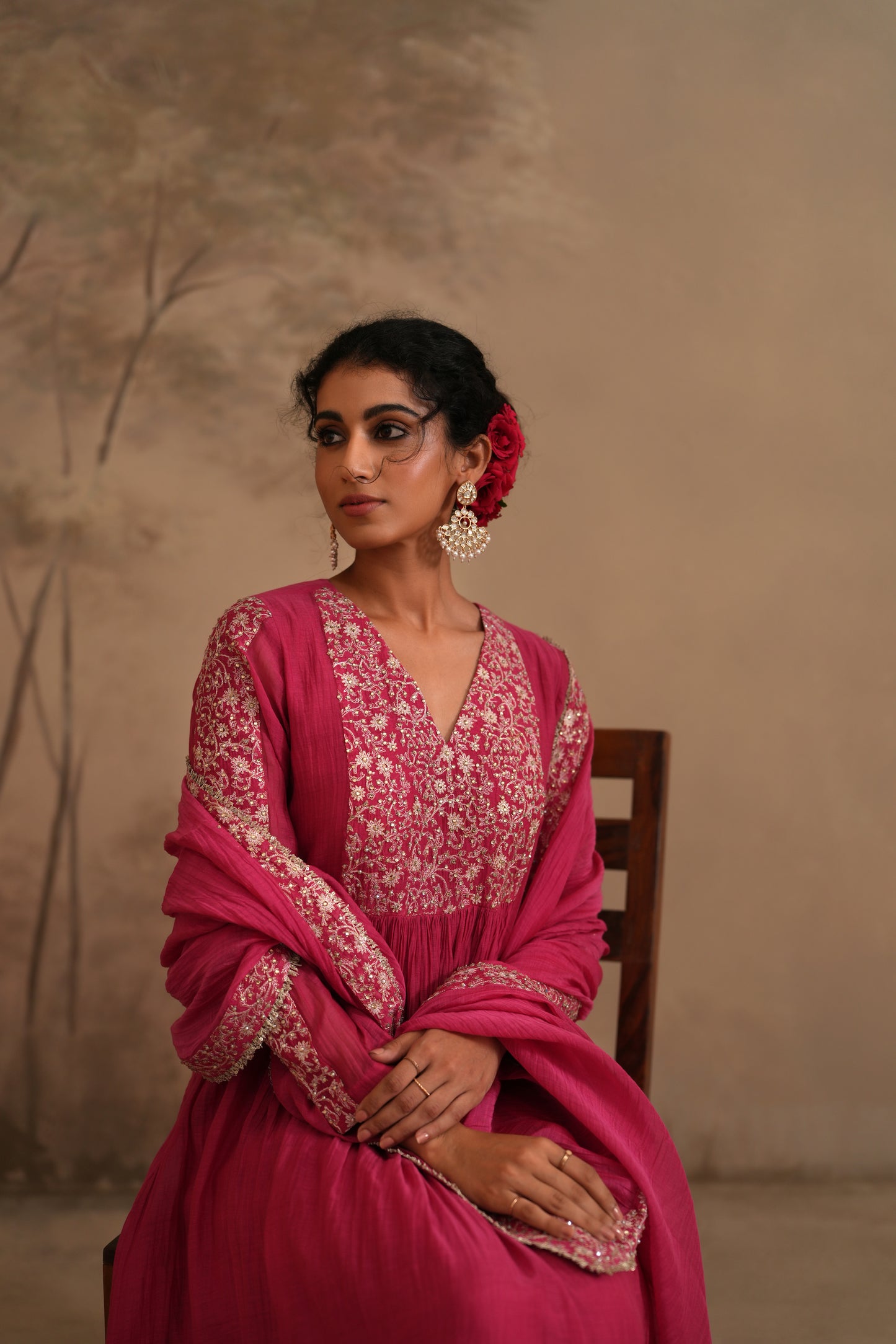 Fuschia Chanderi Suit with embroidered yoke