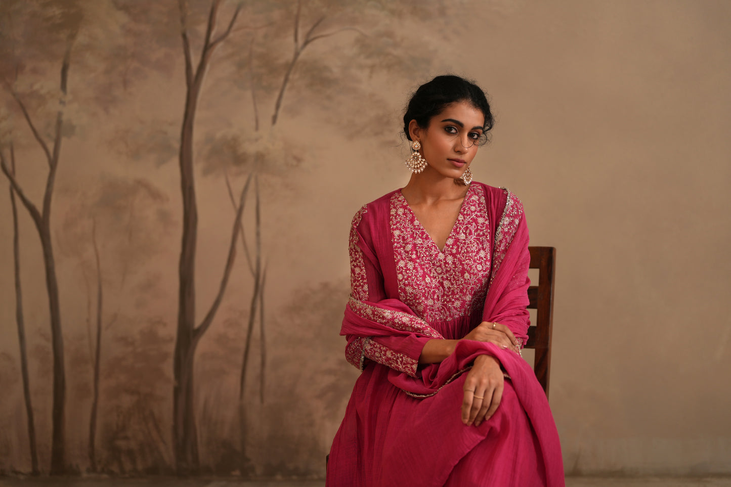 Fuschia Chanderi Suit with embroidered yoke