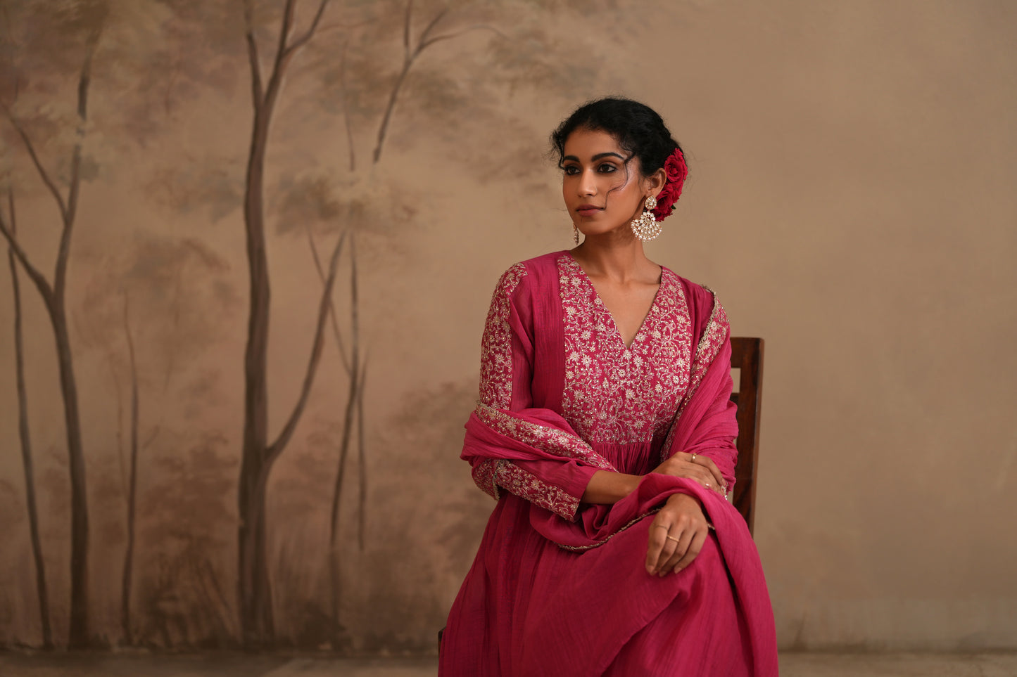 Fuschia Chanderi Suit with embroidered yoke