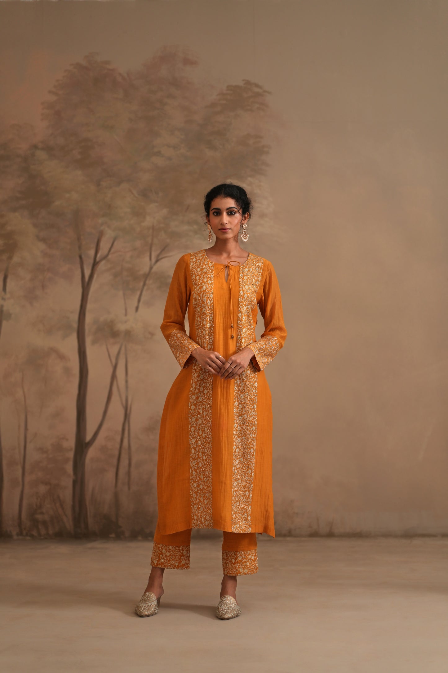 Earthy Orange Chanderi Suit with embroidered panels