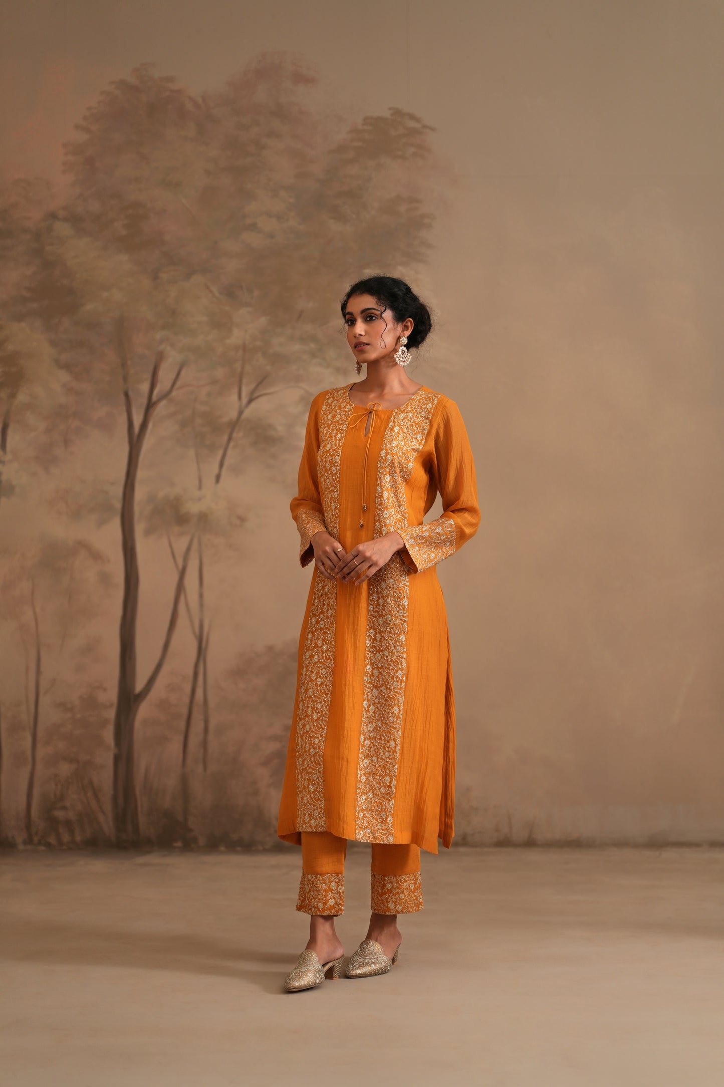 Earthy Orange Chanderi Suit with embroidered panels