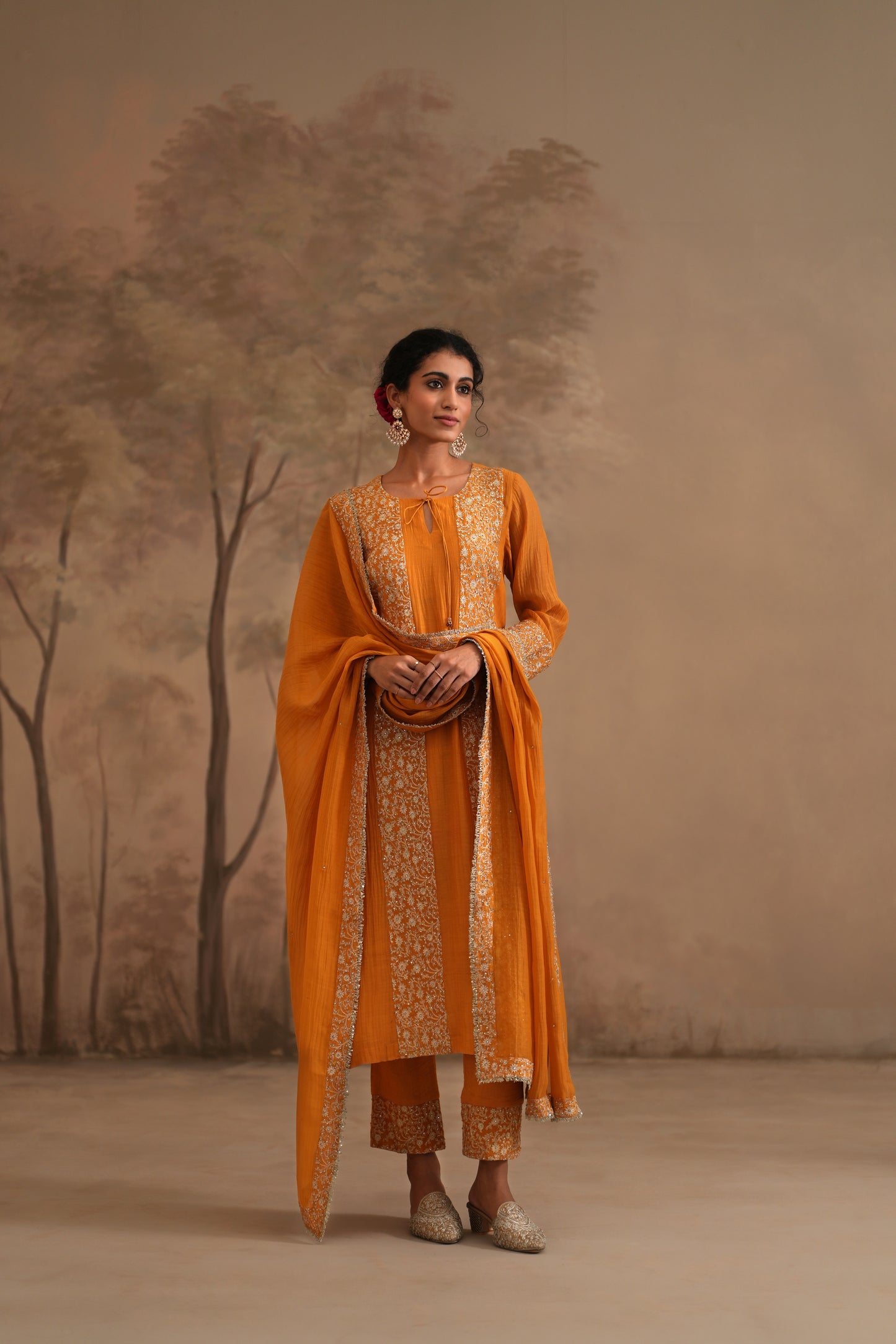 Earthy Orange Chanderi Suit with embroidered panels