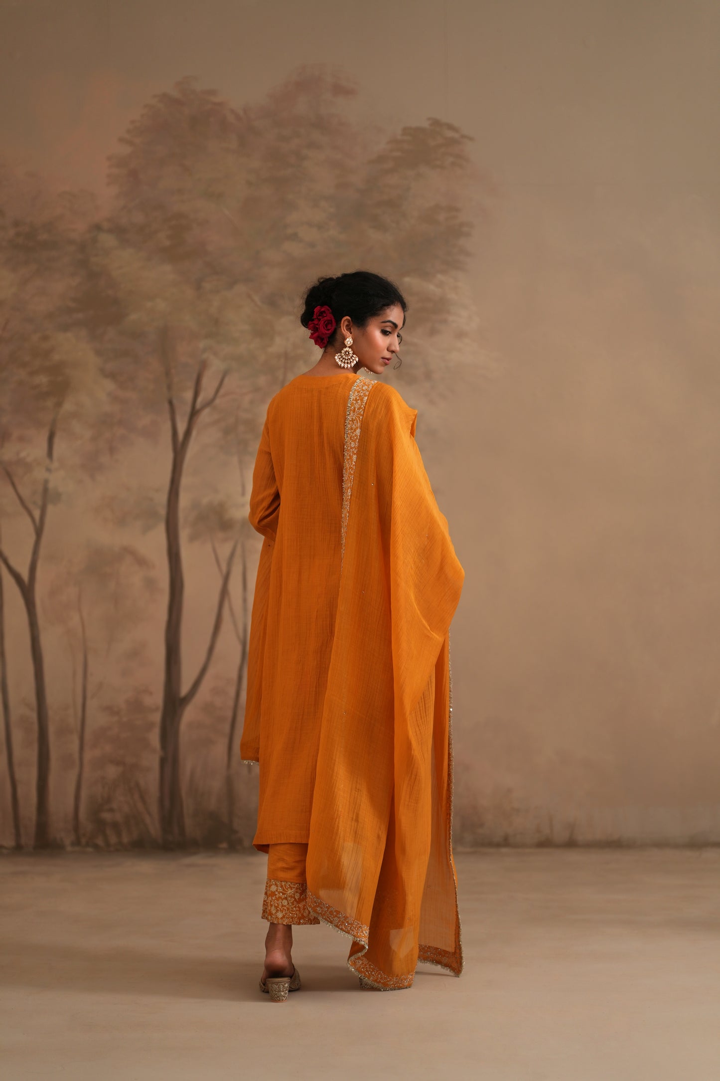 Earthy Orange Chanderi Suit with embroidered panels