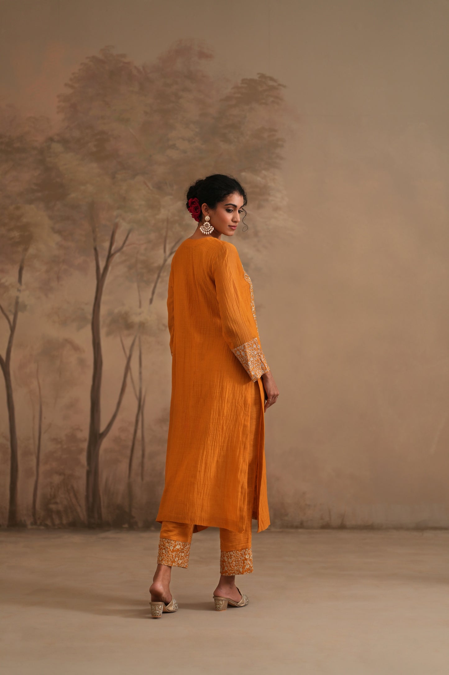 Earthy Orange Chanderi Suit with embroidered panels