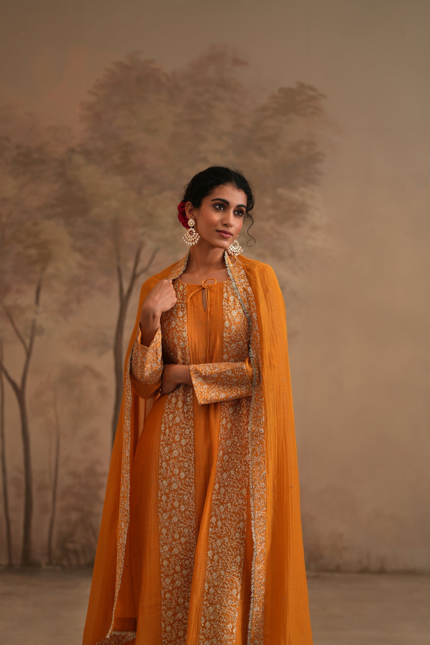 Earthy Orange Chanderi Suit with embroidered panels