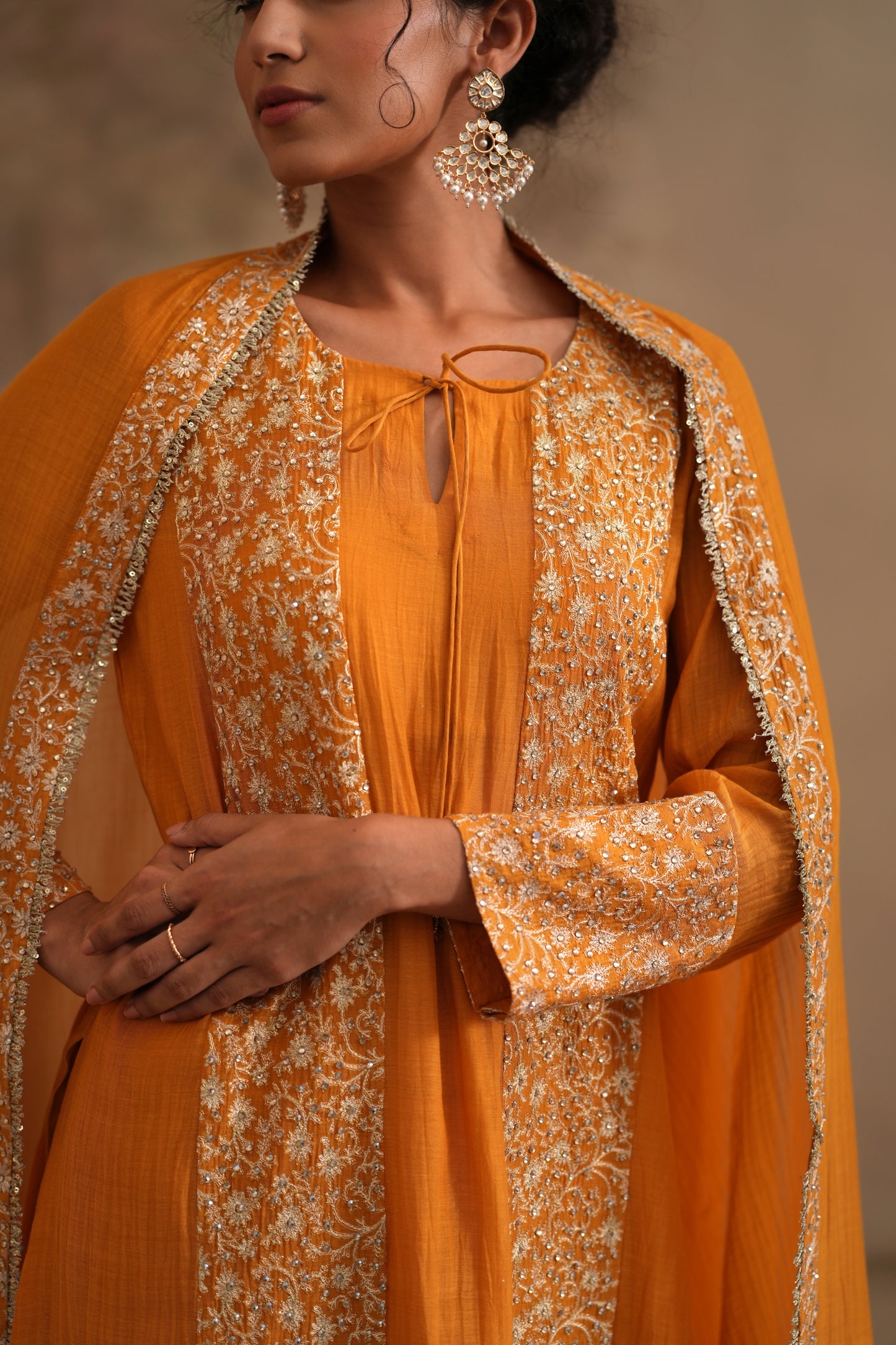 Earthy Orange Chanderi Suit with embroidered panels