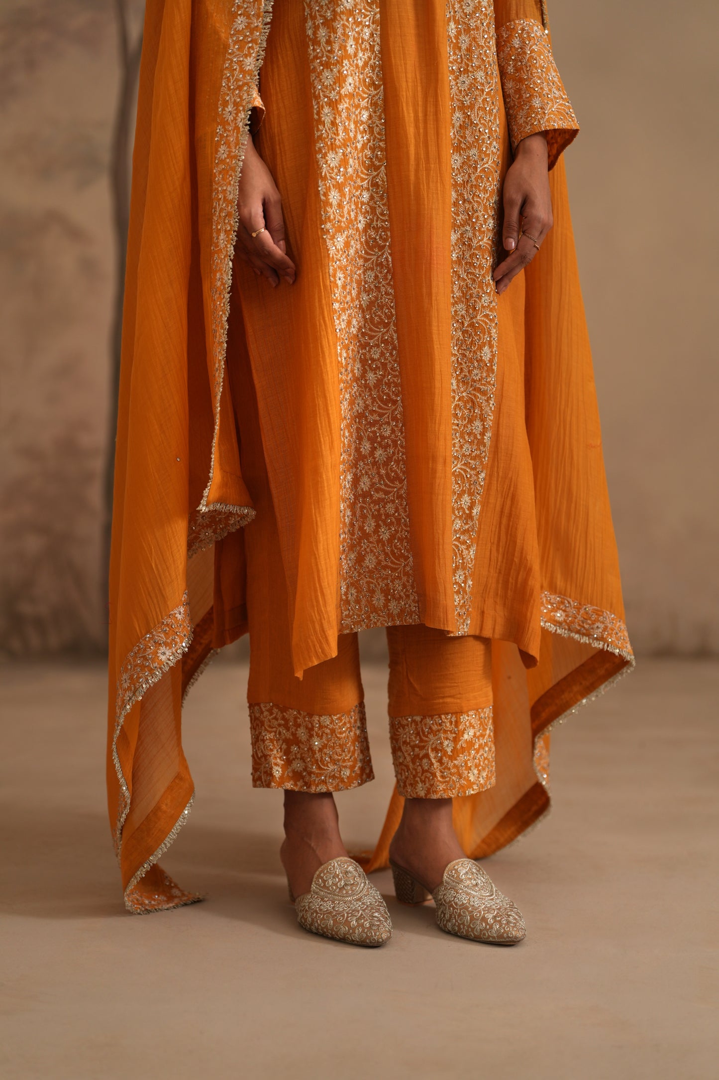 Earthy Orange Chanderi Suit with embroidered panels