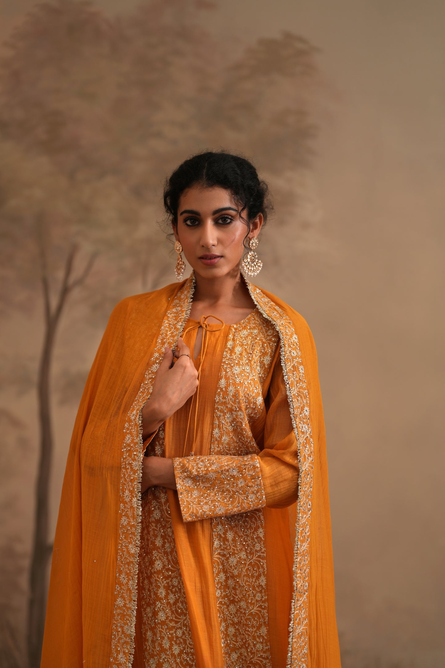 Earthy Orange Chanderi Suit with embroidered panels